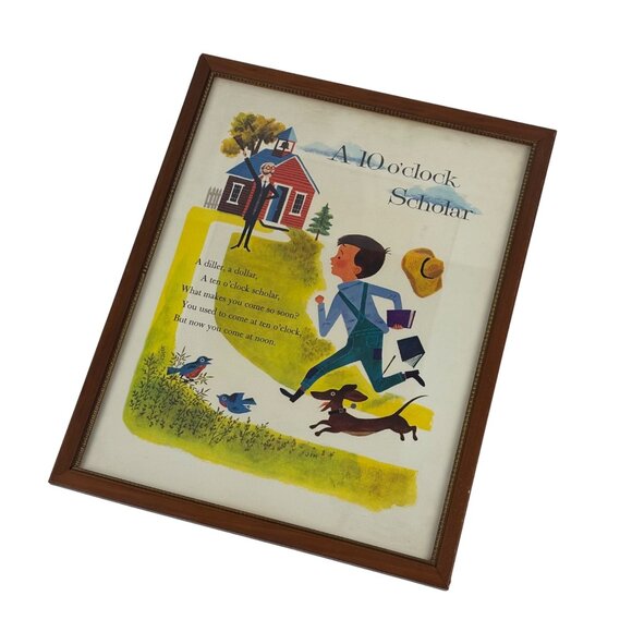 Vintage 50s Framed Art A 10 O'Clock Scholar Dale Maxey Mother Goose Lithograph - Picture 4 of 7